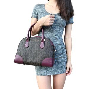 Michael Kors Hattie Purse Satchel Leather Signature Brown Plum Bowling Bag